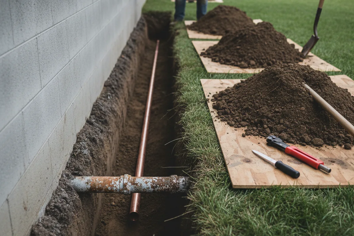 Excavated water line trench during Water Softener Installation in Gregory